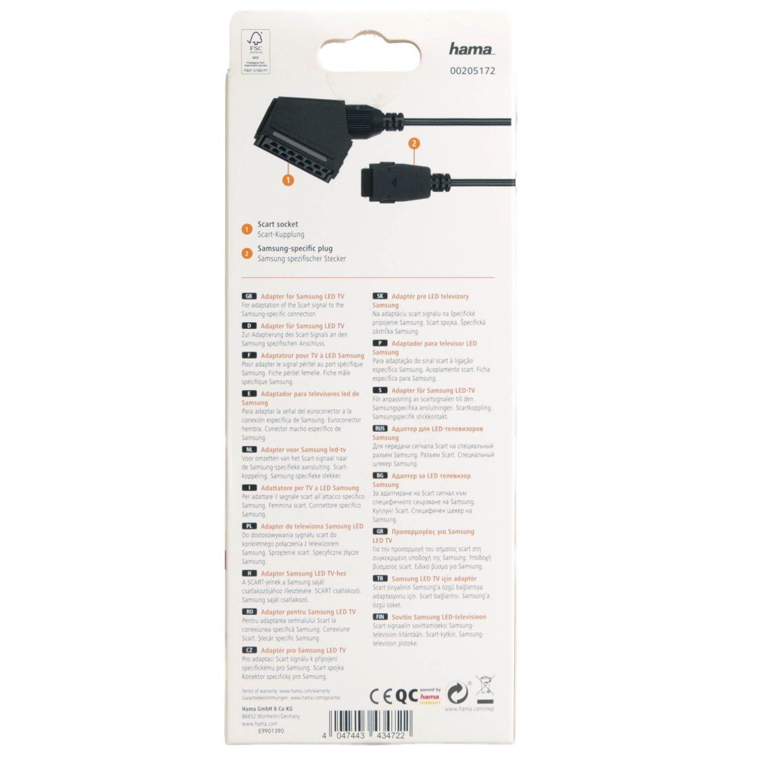 Adapter mit Scart-Kupplung und Samsung-spezifischem Stecker für LED-TVs.