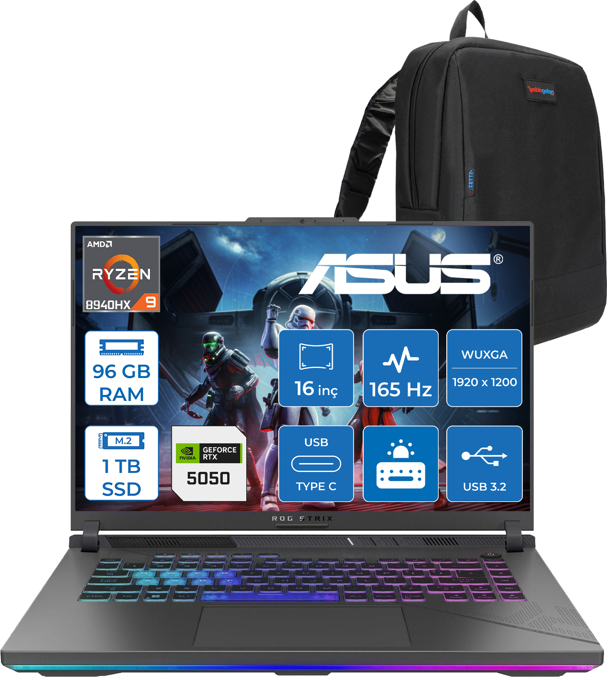 RGB klavyeli Asus oyun dizüstü bilgisayarı ve sırt çantası. Ekranda özellikler.
