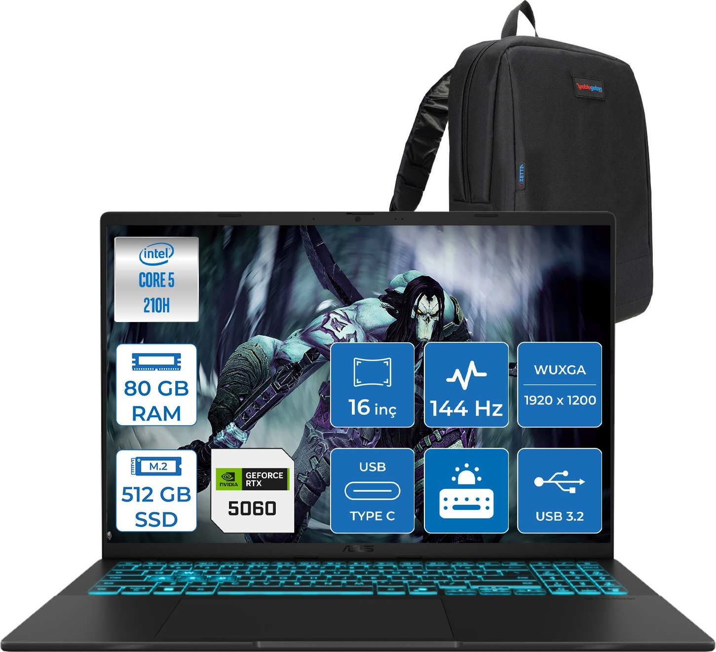 Mavi klavye aydınlatmalı siyah dizüstü bilgisayar, Intel Core 5, 80 GB RAM, 512 GB SSD, RTX 5060.