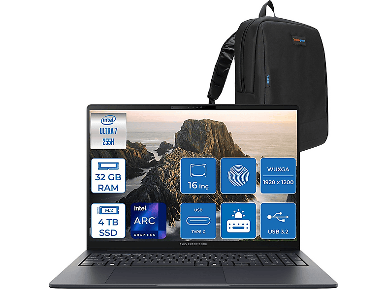 ASUS ExpertBook B5 B5605CCA-U716512B1D AI B5605CCAF10 Intel Core Ultra 7 255H 32 GB RAM 4 TB SSD 16 inç FreeDOS Laptop+Çanta Siyah