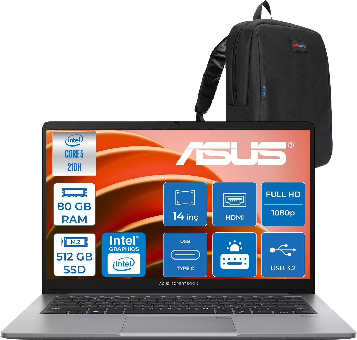 Intel Core 5 işlemcili, 80 GB RAM, 512 GB SSD'li laptop ve siyah sırt çantası.