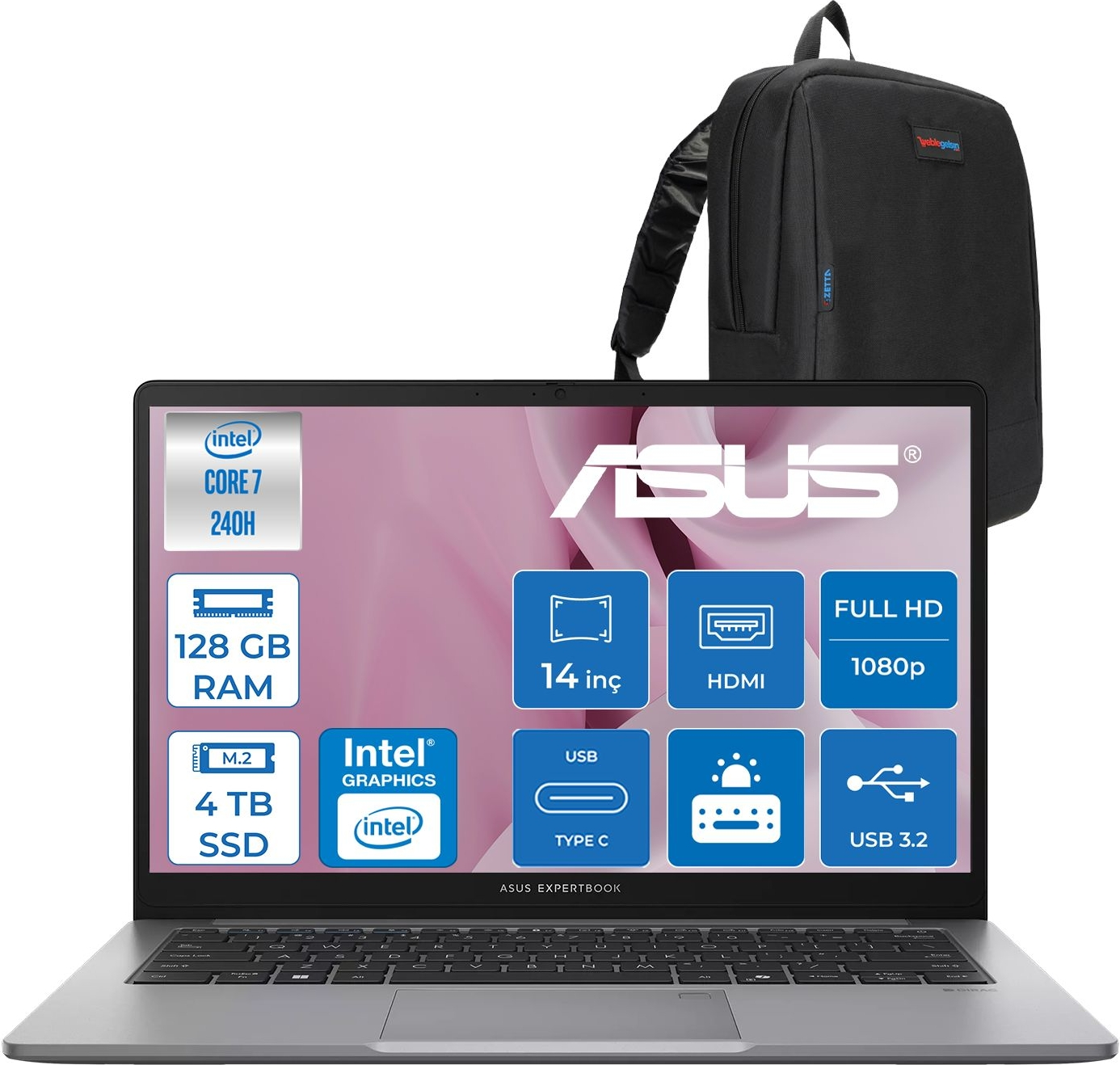 ASUS ExpertBook P1 P1403CVA PC716512G0DF40 Intel Core i7-240H 128 GB RAM 4 TB SSD 14 inç FreeDOS Laptop+Çanta Siyah