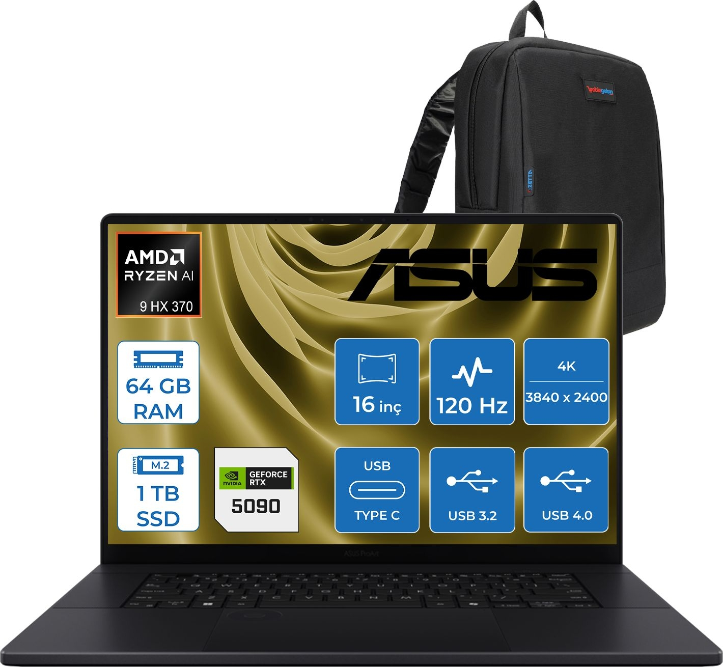 AMD Ryzen AI, 64GB RAM, 1TB SSD, RTX 5090 özellikli siyah dizüstü bilgisayar. Üstte sırt çantası.