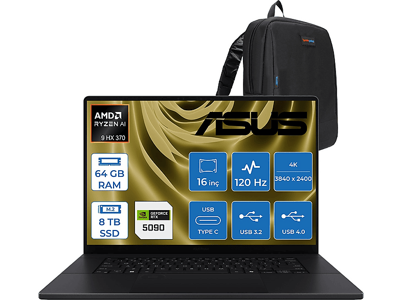 ASUS Proart P16 WH7606WX RTX5090 24 GB Touch 4K WSE039WF06 AMD Ryzen 9 HX370 64 GB RAM 8 TB SSD 16 inç FreeDOS Laptop+Çanta Siyah