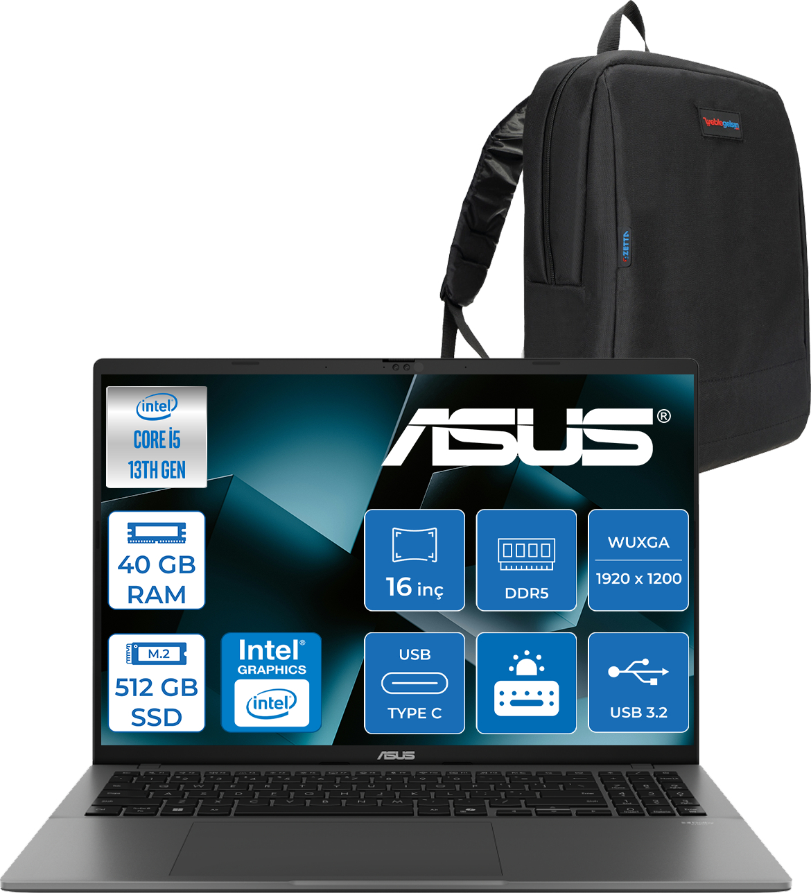 Intel Core i5, 40 GB RAM, 512 GB SSD'li gri Asus dizüstü bilgisayar, siyah sırt çantası yanında.