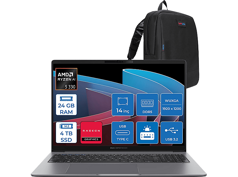 ASUS ExpertBook P3 PM3406CKA Radeon 820M PM3406CKA5F05 AMD Ryzen 5 330 24 GB RAM 4 TB SSD 14 inç FreeDOS Laptop+Çanta Siyah