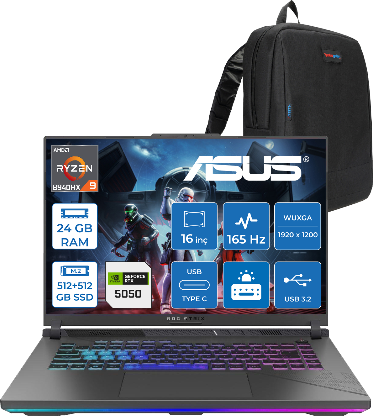 Ryzen 9, 24 GB RAM, 1 TB SSD, RTX 5050'li Asus oyuncu dizüstü bilgisayarı ve sırt çantası.