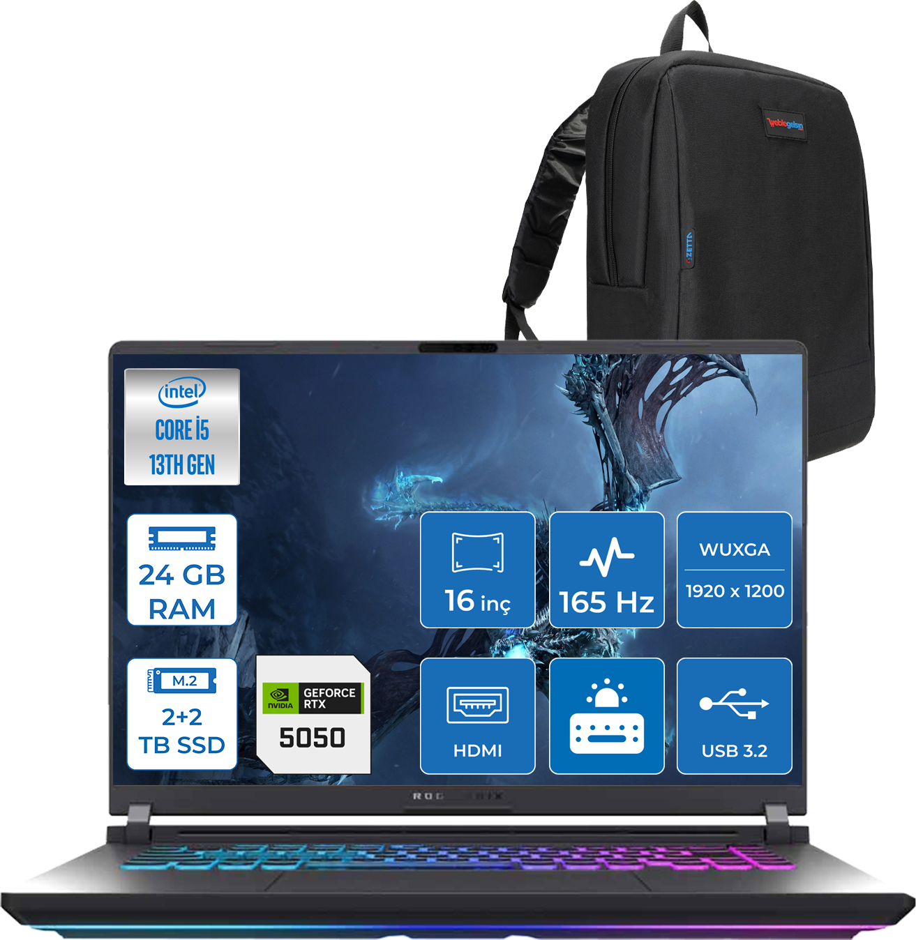 Intel Core i5, 24 GB RAM, 2+2 TB SSD ve RTX 5050'li dizüstü bilgisayar, yanında siyah sırt çantası.