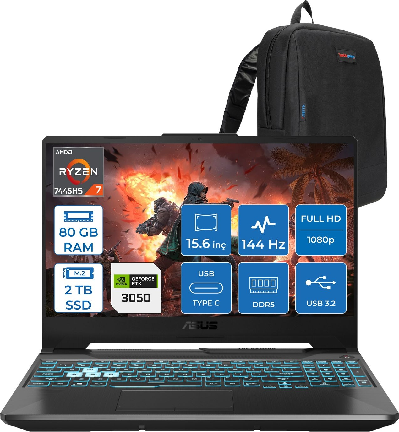 Ryzen 7, 80GB RAM, 2TB SSD, RTX 3050, 15,6" 144Hz ekranlı siyah ASUS oyuncu laptopu. Siyah sırt çantası.