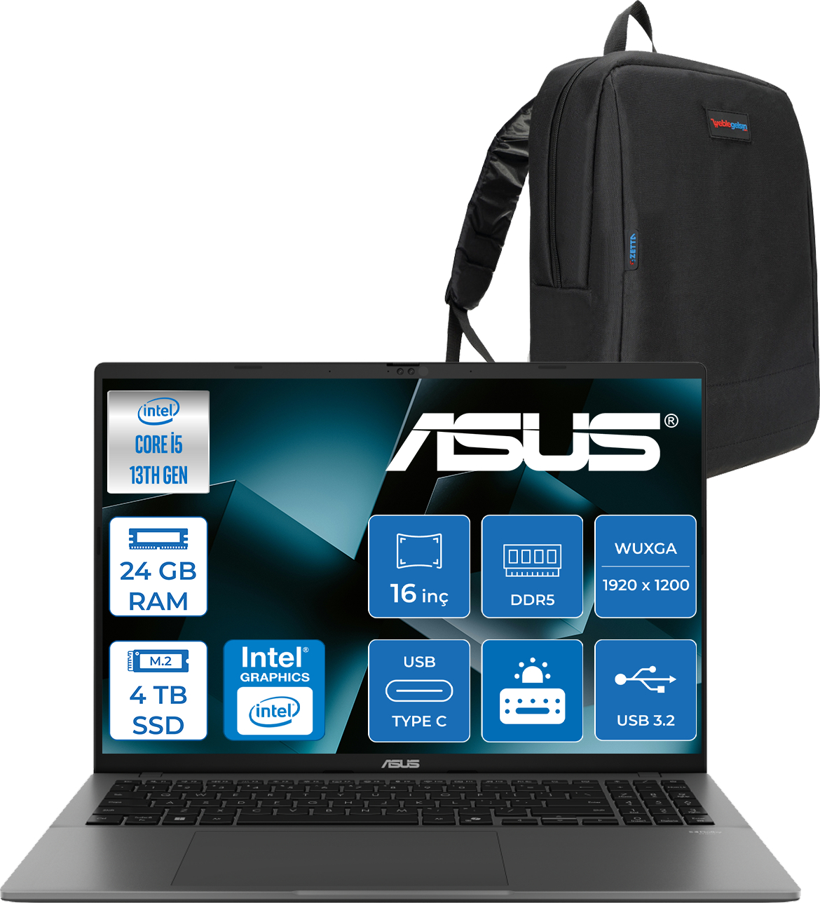 Intel Core i5, 24GB RAM, 4TB SSD'li ASUS dizüstü ve siyah sırt çantası.