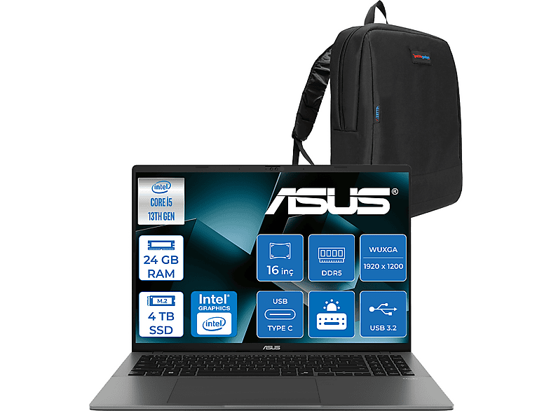 ASUS VivoBook S16 S3607VA DDR5 300NITS WUXGA IPS 144 Hz RP076F08 Intel Core i5-13420H 24 GB RAM 4 TB SSD 16 inç FreeDOS Laptop+Çanta Gri