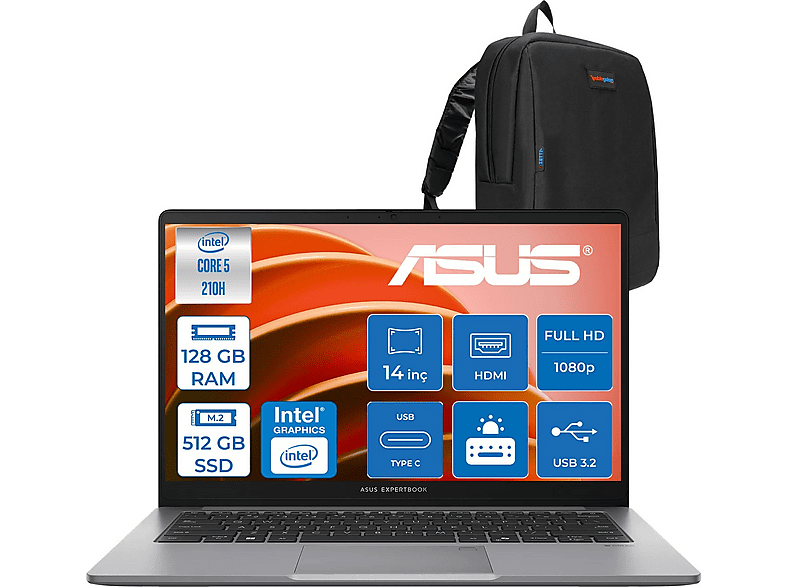 ASUS ExpertBook P1 P1403CVA PC516512G0DF37 Intel Core i5-210H 128 GB RAM 512 GB SSD 14 inç FreeDOS Laptop+Çanta Siyah
