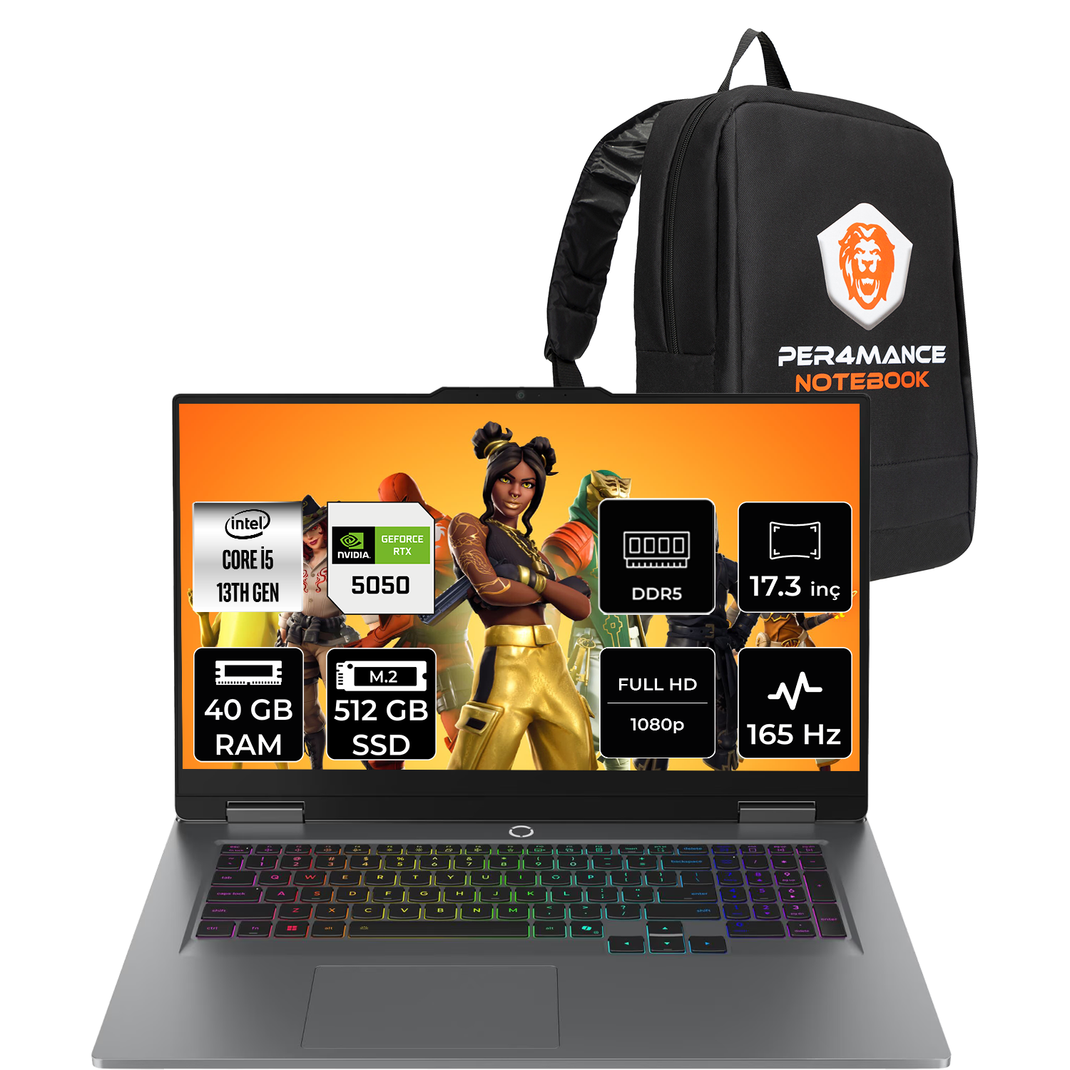 Intel Core i5, 40GB RAM, 512GB SSD, RTX 5050, 165Hz ekranlı oyuncu dizüstü ve sırt çantası.