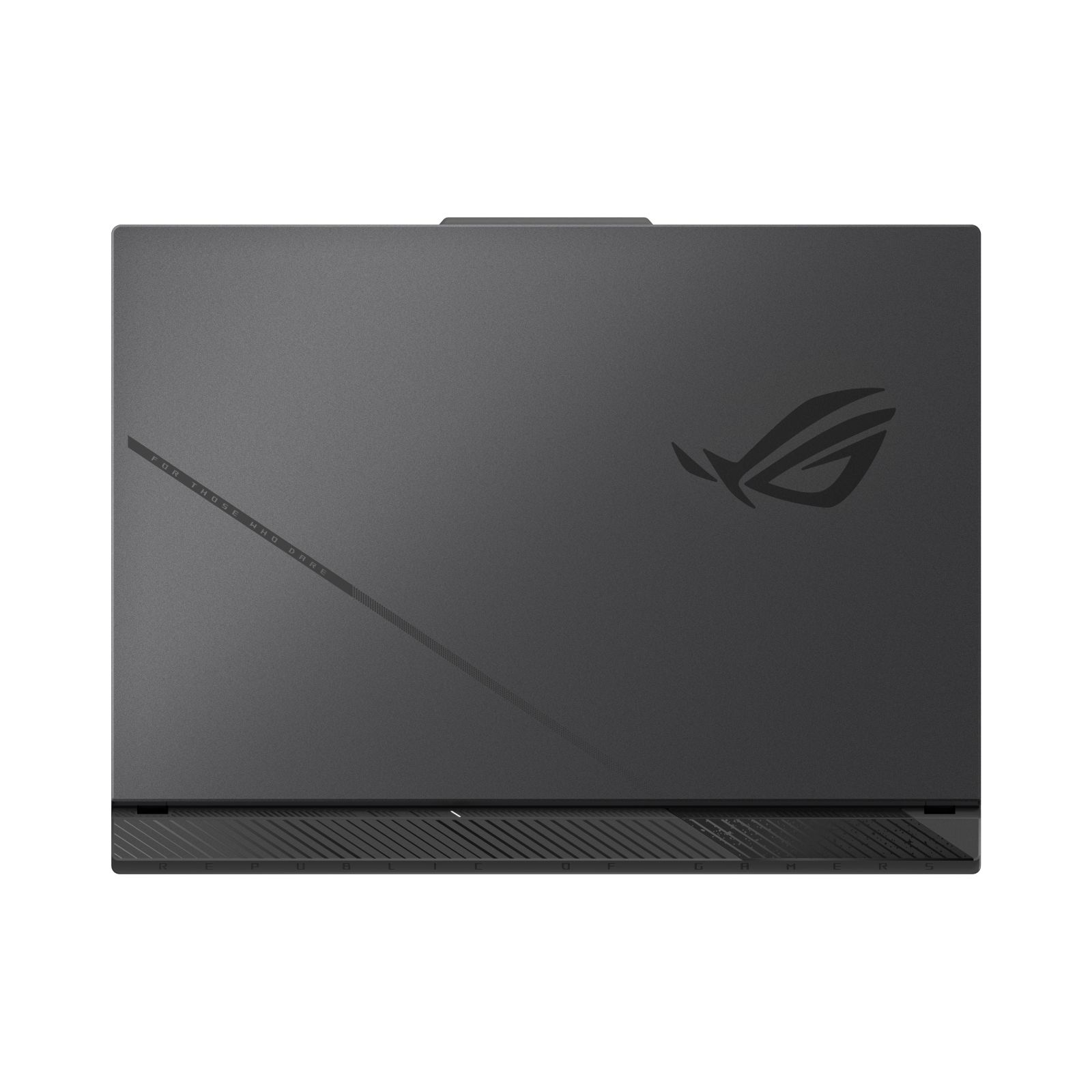 Portátil negro con logo ROG y texto 'FOR THOSE WHO DARE'.