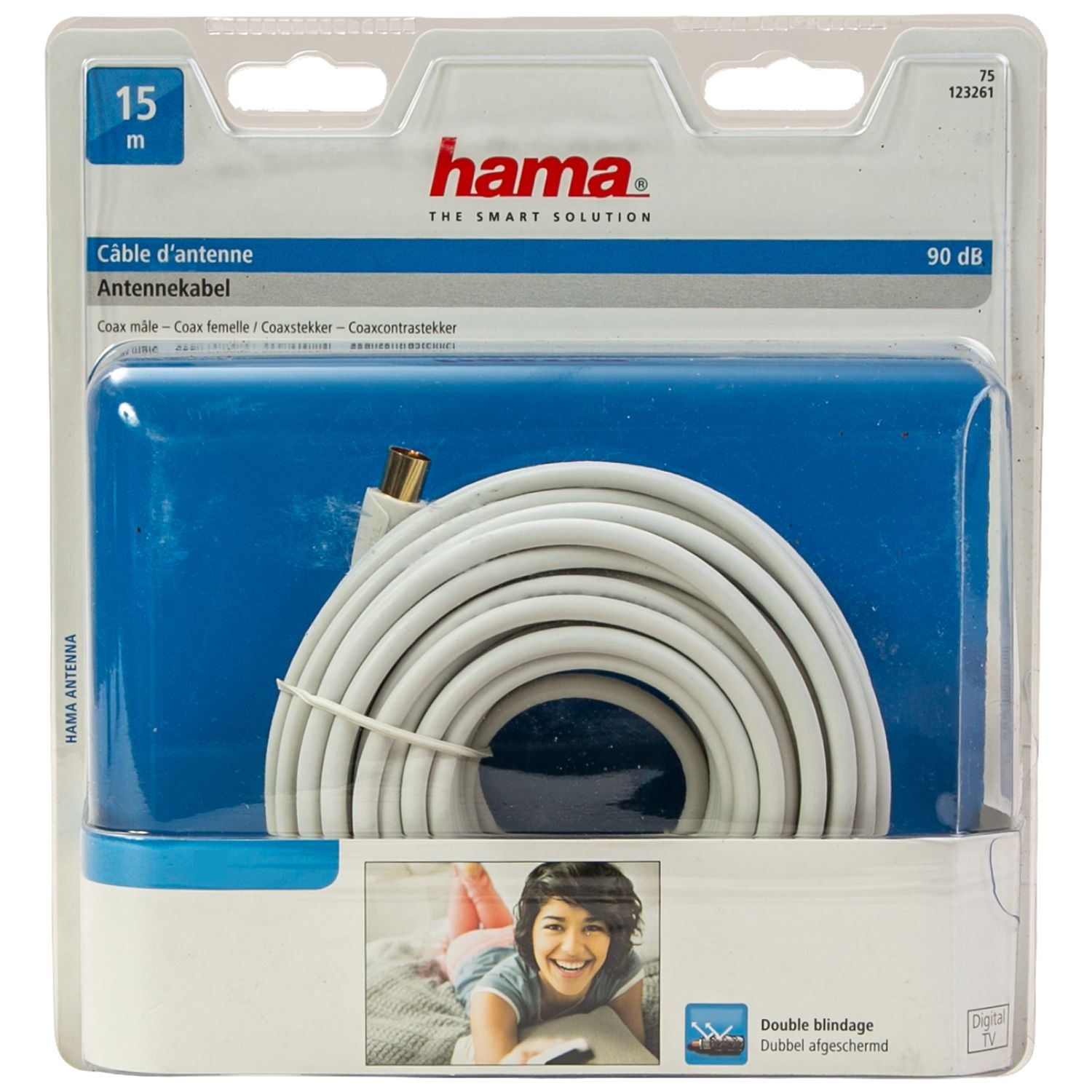 Hama Antennenkabel, 15m, weiß, Koaxialstecker, 90 dB, Digital TV.