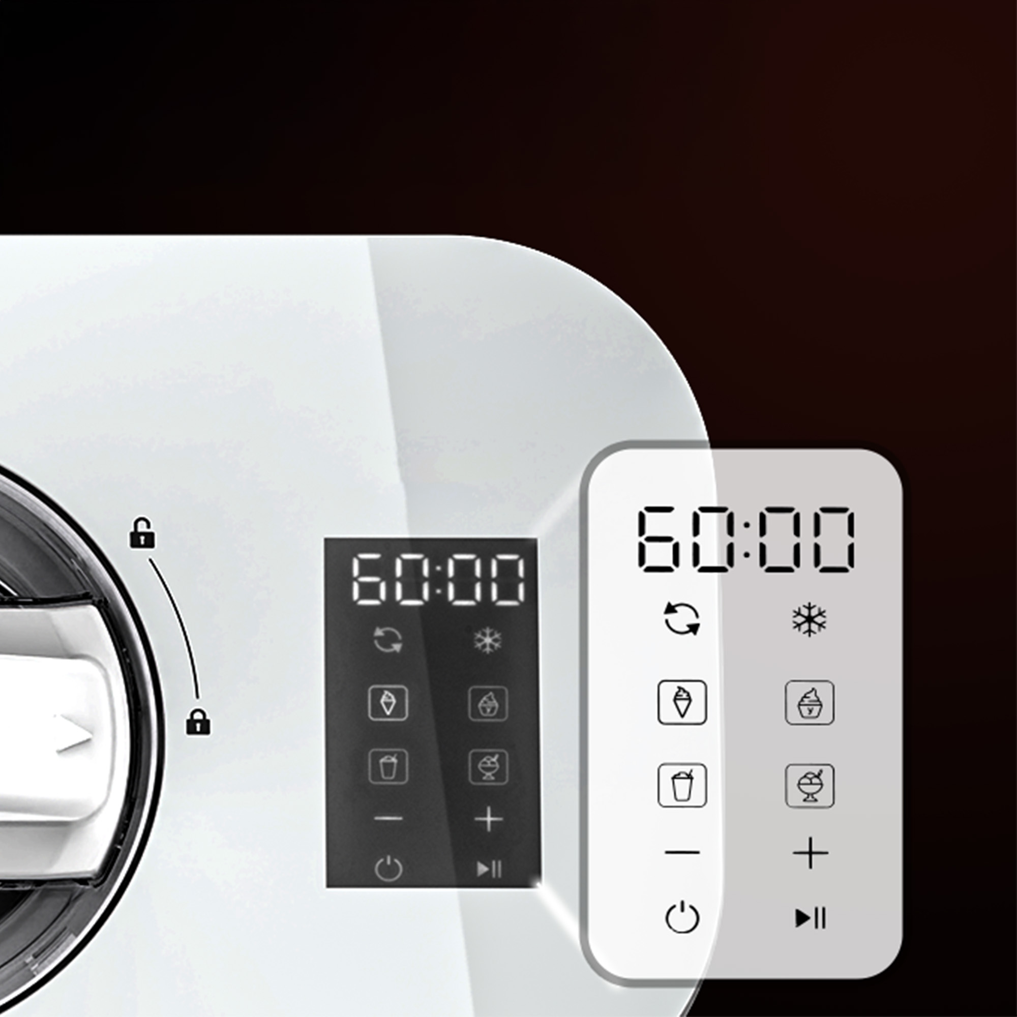 Ein weißes Gerät mit digitalen Displays und Symbolen für Eis und Getränke.