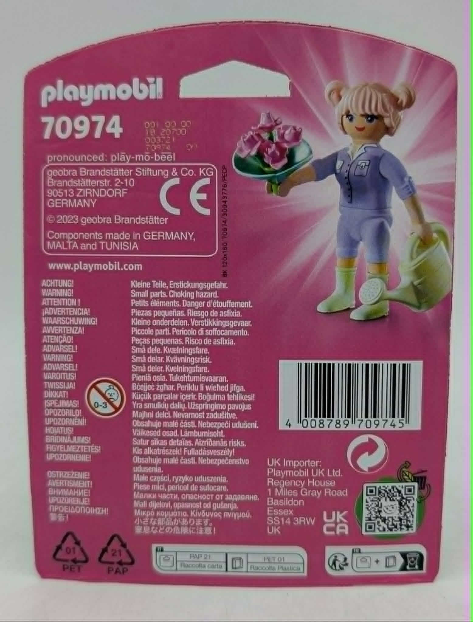 Playmobil-Figur mit Gießkanne und Blumenstrauß, 0-3 Jahre.