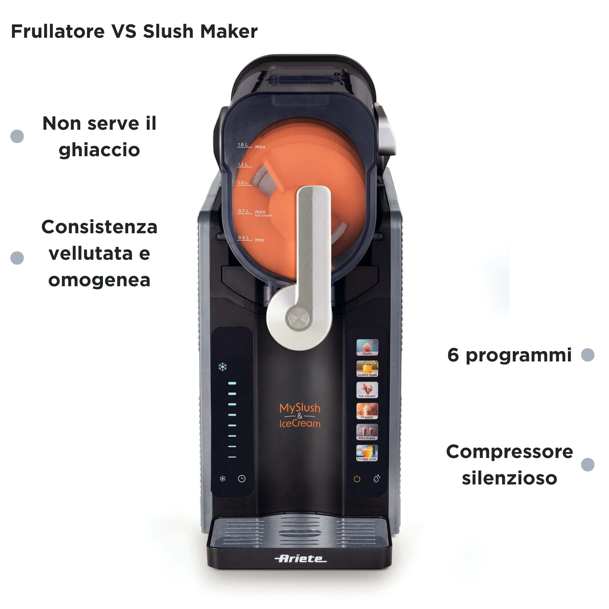 Macchina per granite nera con funzione gelatiera e display digitale.