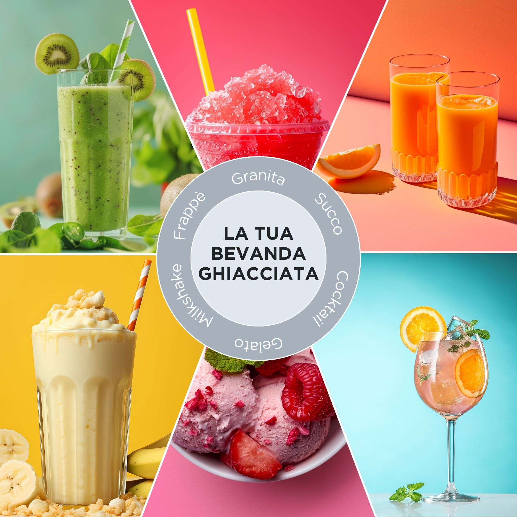 Collage di bevande fredde: frullato kiwi, granita, succo d'arancia, cocktail, gelato, milkshake banana.