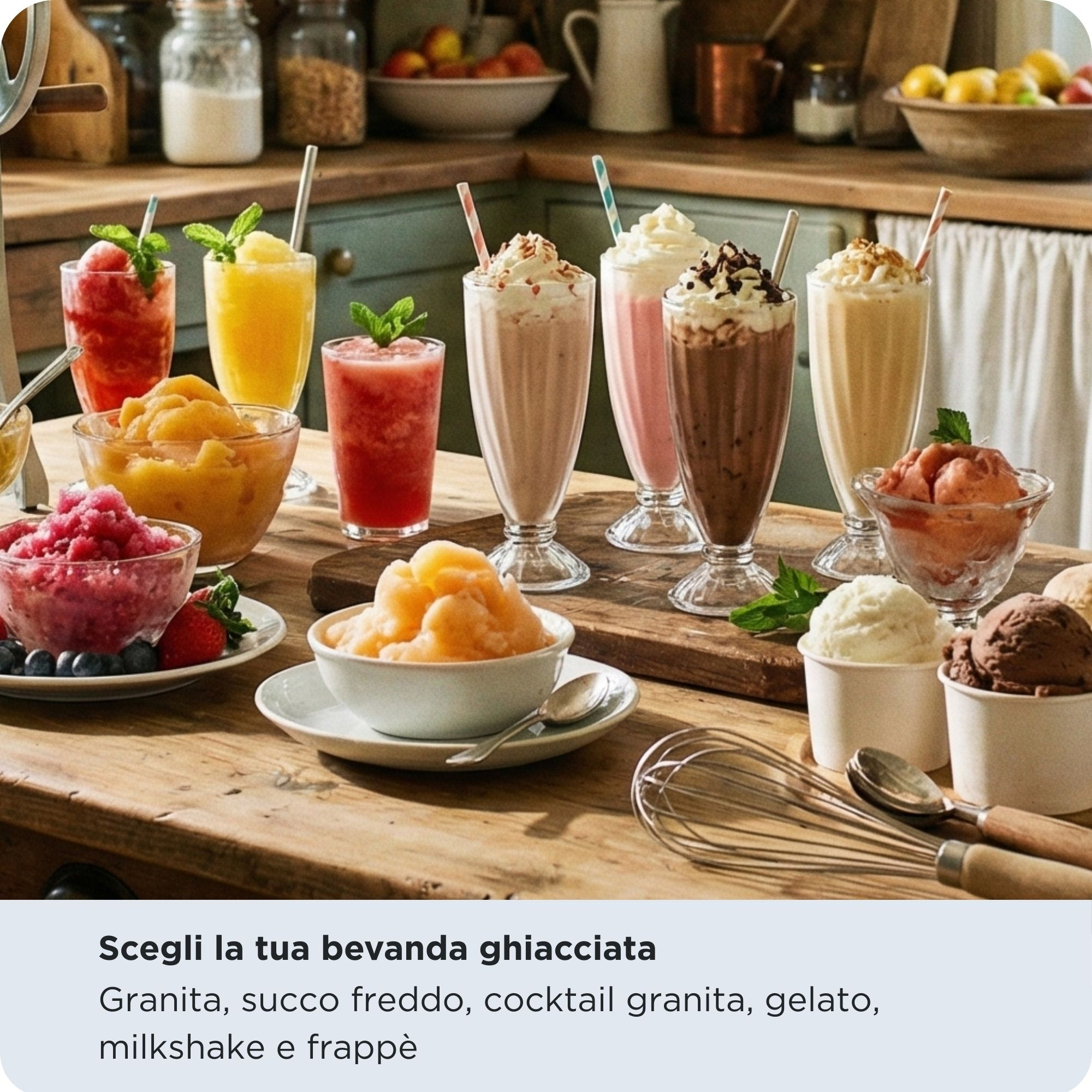 Assortimento di bevande ghiacciate e gelati su un tavolo di legno.