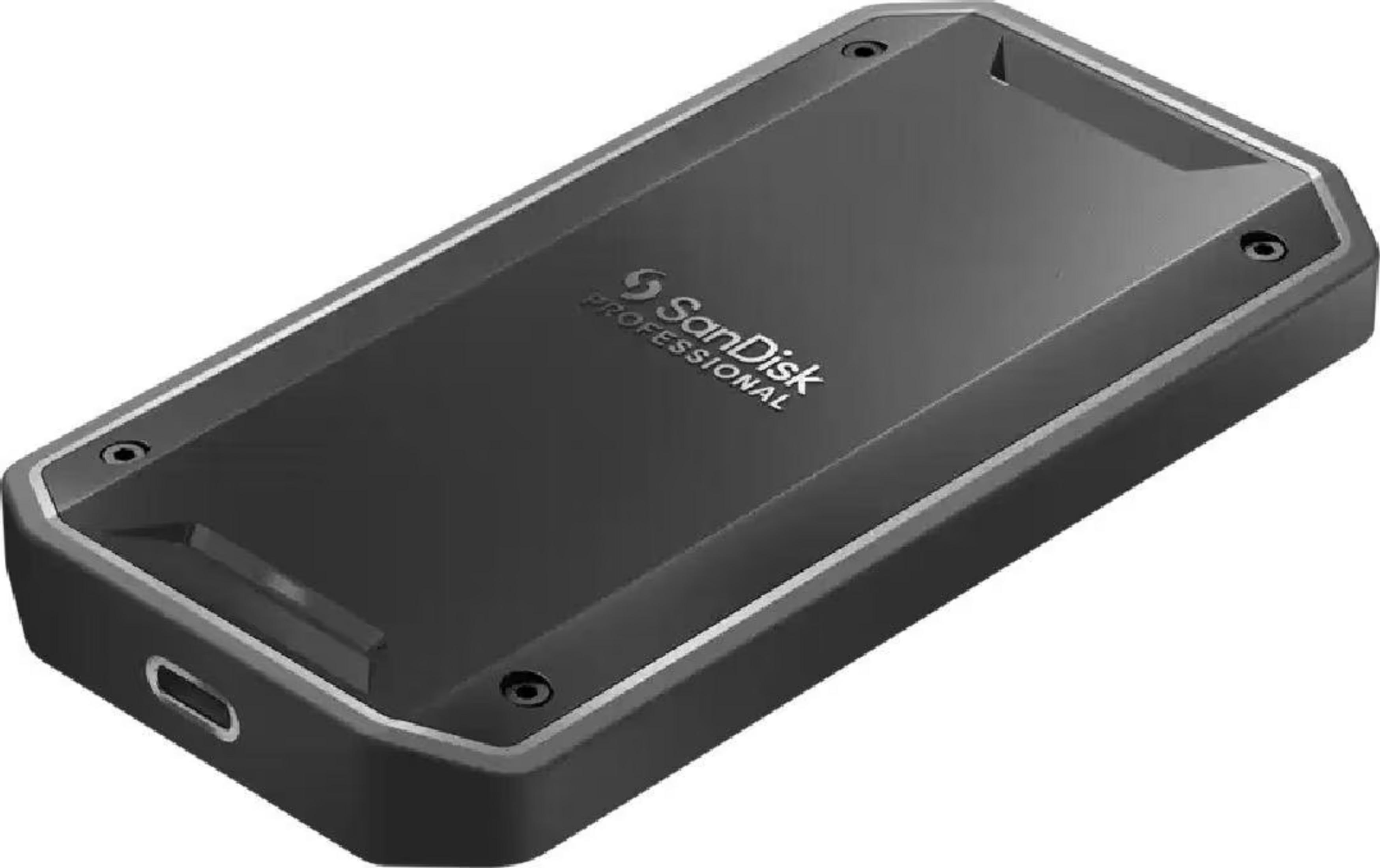 SSD SanDisk nera con bordo argentato e viti.