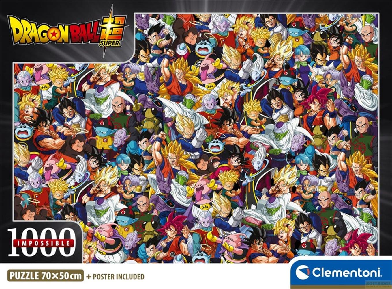 Dragon Ball Super Puzzle: Viele Charaktere auf schwarzem Hintergrund, 1000 Teile.