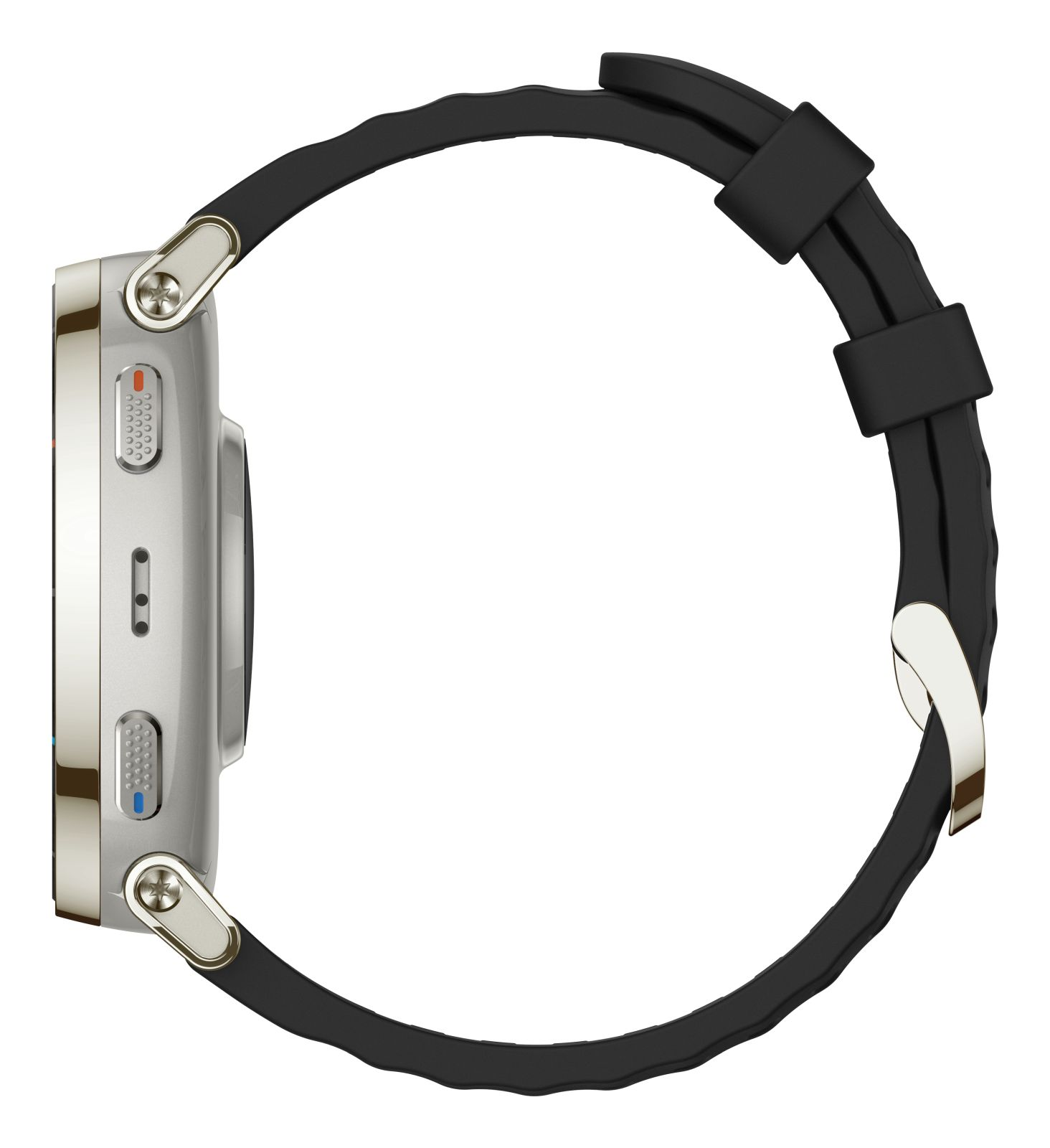Ein silbernes Smartwatch-Gehäuse mit schwarzem Armband, Seitenansicht.