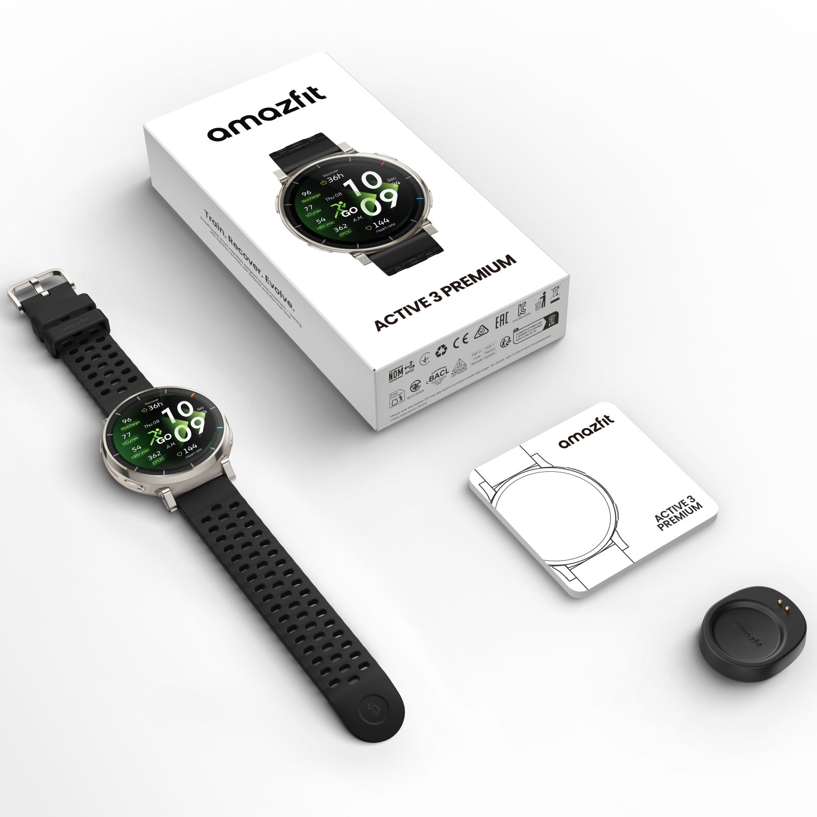 Amazfit Smartwatch mit schwarzem Armband und Verpackung. Ladezubehör daneben.