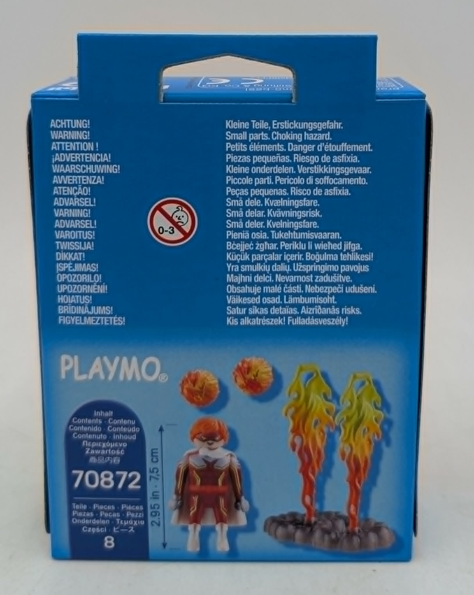 Pudełko Playmobil z figurką i elementami płomieni.