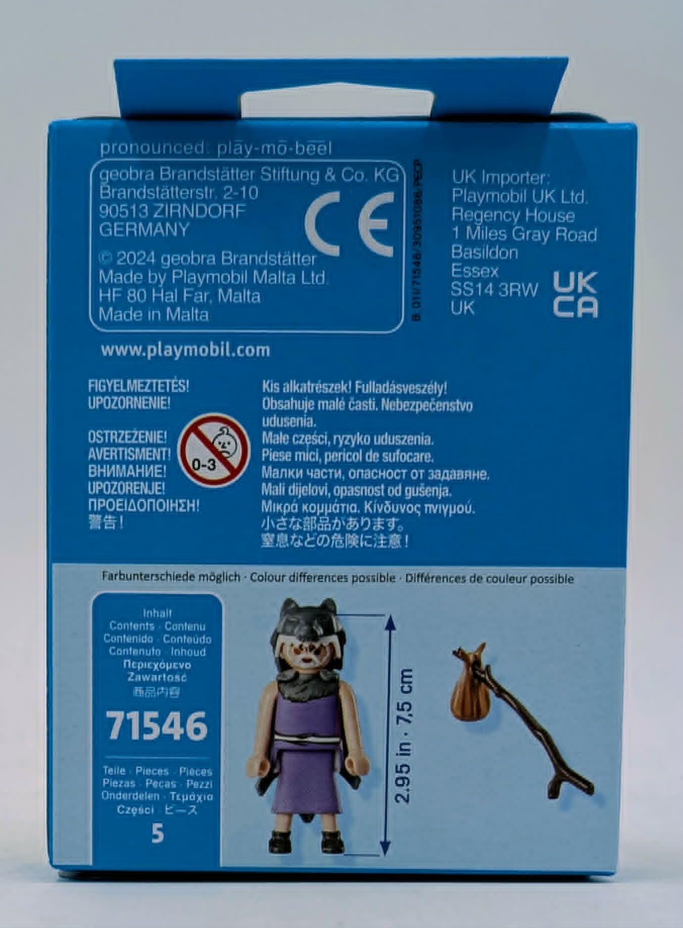 Playmobil box with figure, stick and bag, age 0-3 years.