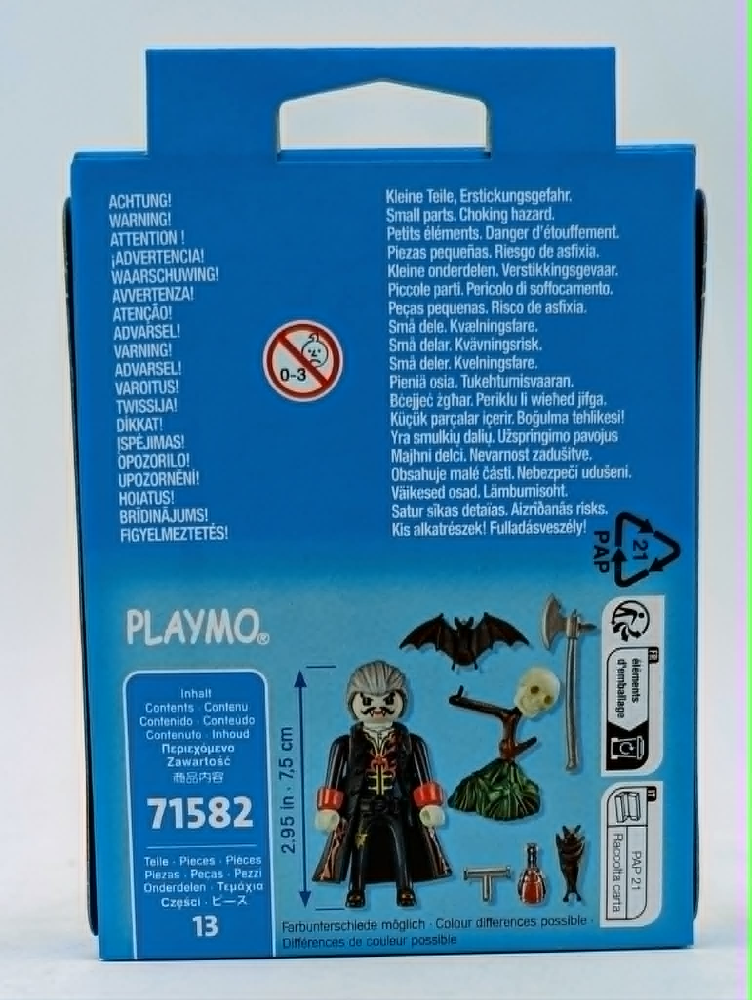Playmobil-Verpackung mit einem Vampir, Fledermaus und Zubehör.