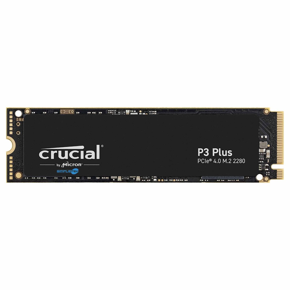 Schwarze Crucial P3 Plus NVMe M.2 SSD mit goldenen Anschlussstiften.