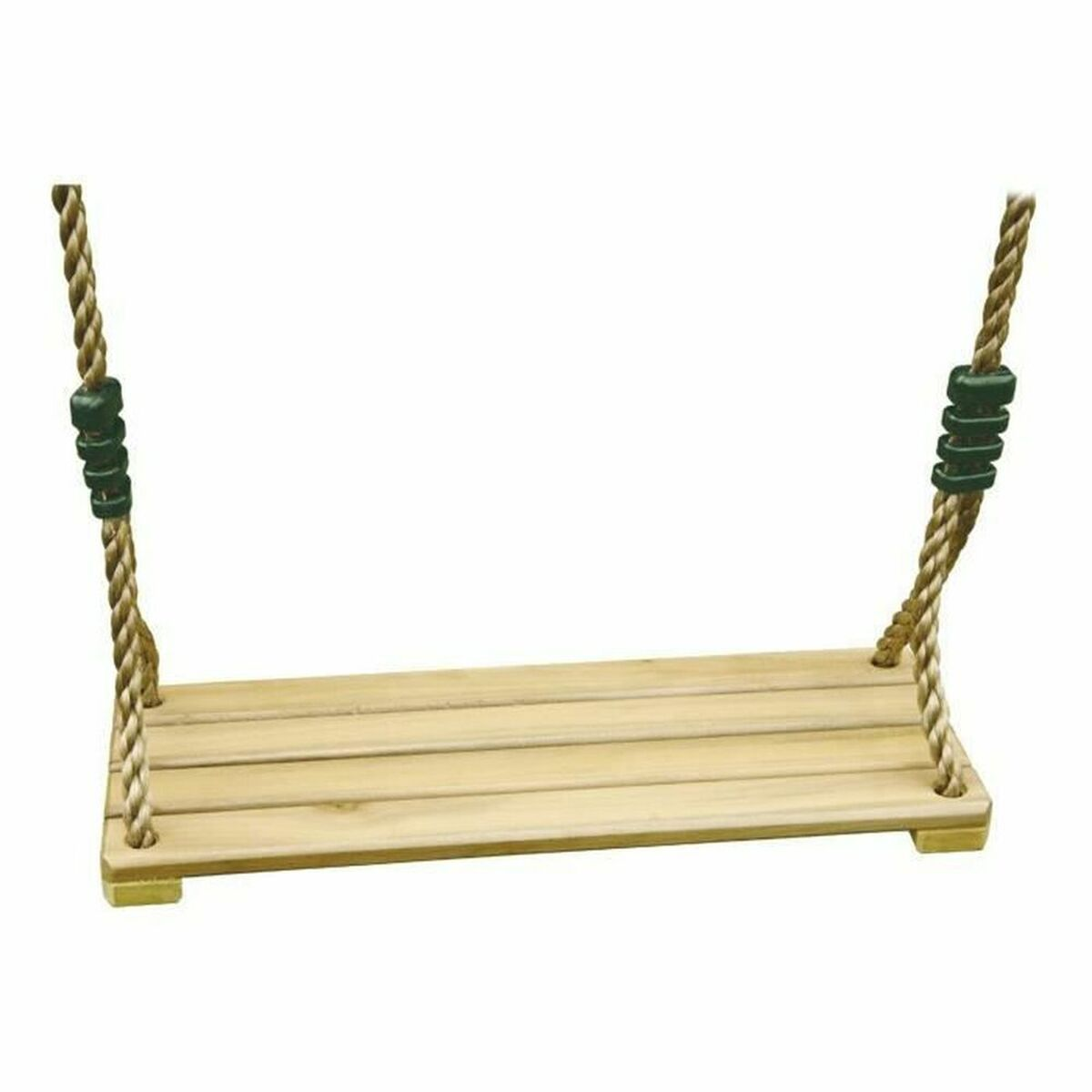 Sedile per altalena in legno con corda spessa e perline verdi su sfondo bianco.