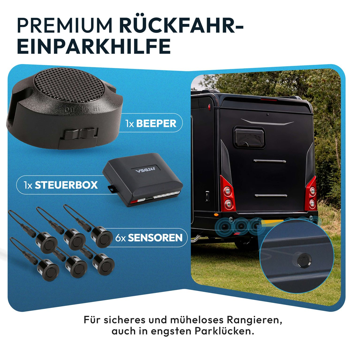 Rückfahrkamera-Set mit Beeper, Steuerbox und 6 Sensoren für Wohnmobile.