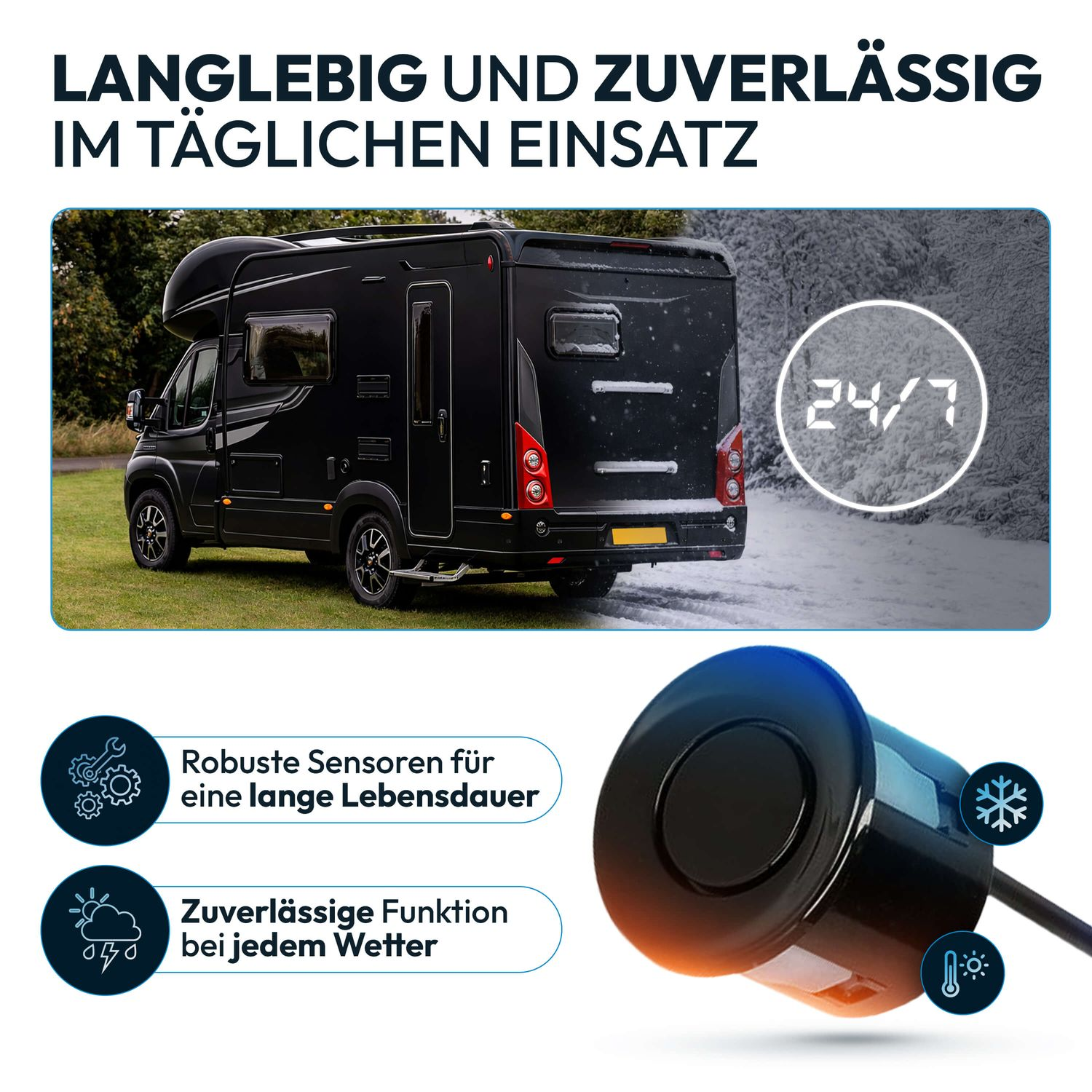 Schwarzer Camper im Schnee und auf Gras; Sensor mit Wetter-Symbolen.