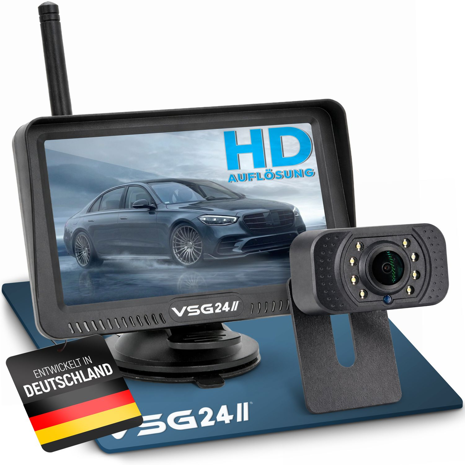 HD-Bildschirm mit Autodarstellung, Kamera und "Entwickelt in Deutschland"-Tag.