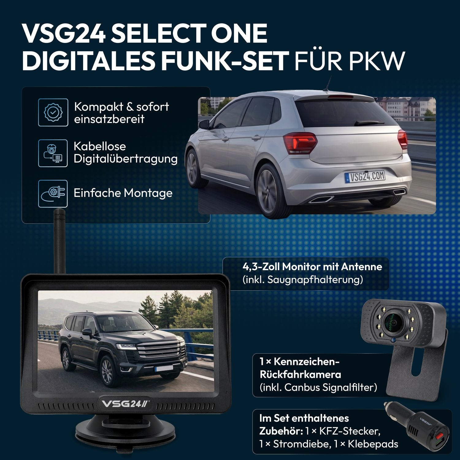 VSG24 Select One digitales Funk-Set für PKW: Monitor, Kamera und Zubehör.