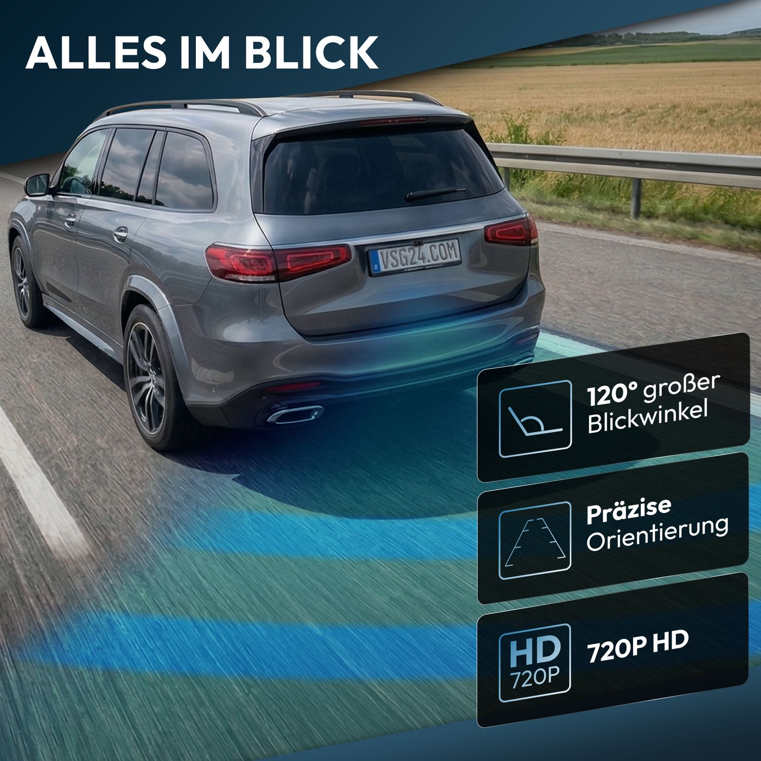 Graues Auto fährt auf Straße mit blauen Linien. Features: 120° Blickwinkel, Orientierung, 720P HD.