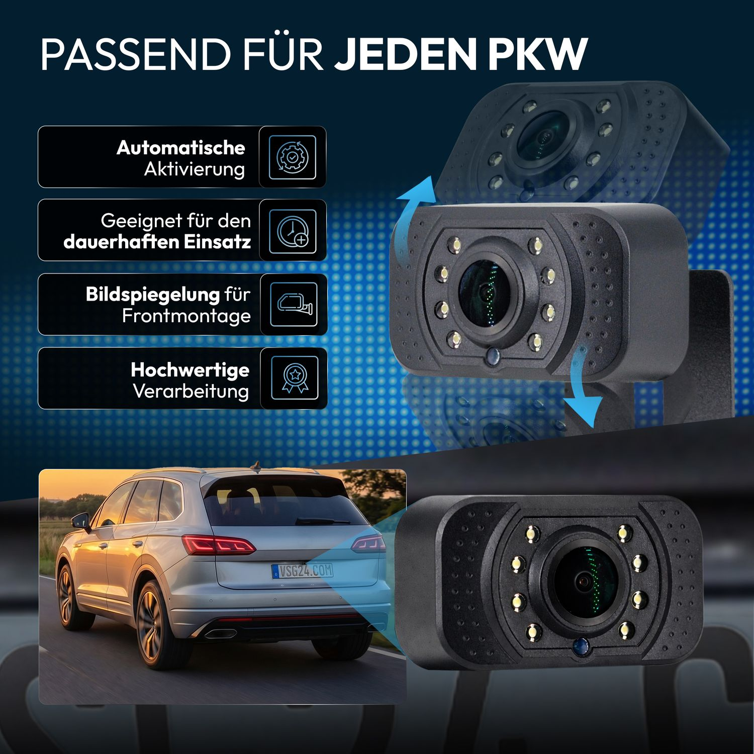Rückfahrkamera mit LED-Beleuchtung und Bildspiegelung für PKW.