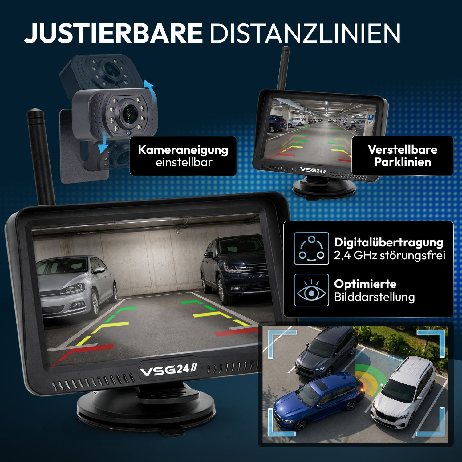 Rückfahrkamera-System mit einstellbarer Neigung und Parklinien.