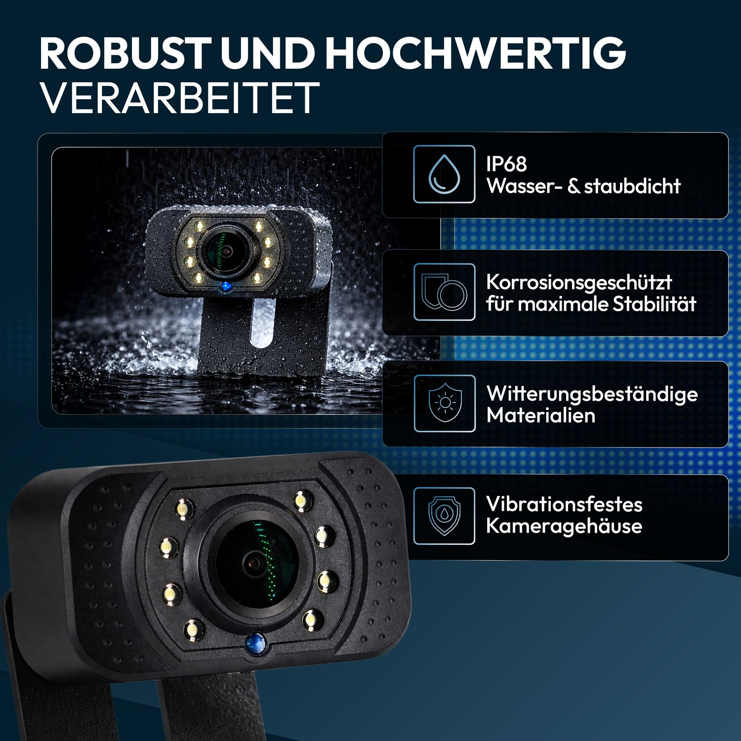 Wasserdichte Kamera mit robustem Gehäuse, geschützt gegen Korrosion.