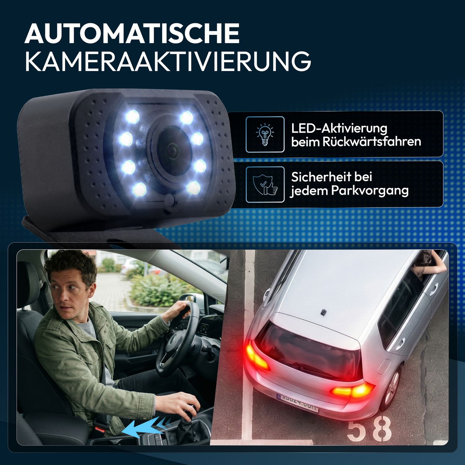 Ein Mann im Auto schaut nach hinten, während eine Rückfahrkamera mit LEDs gezeigt wird.
