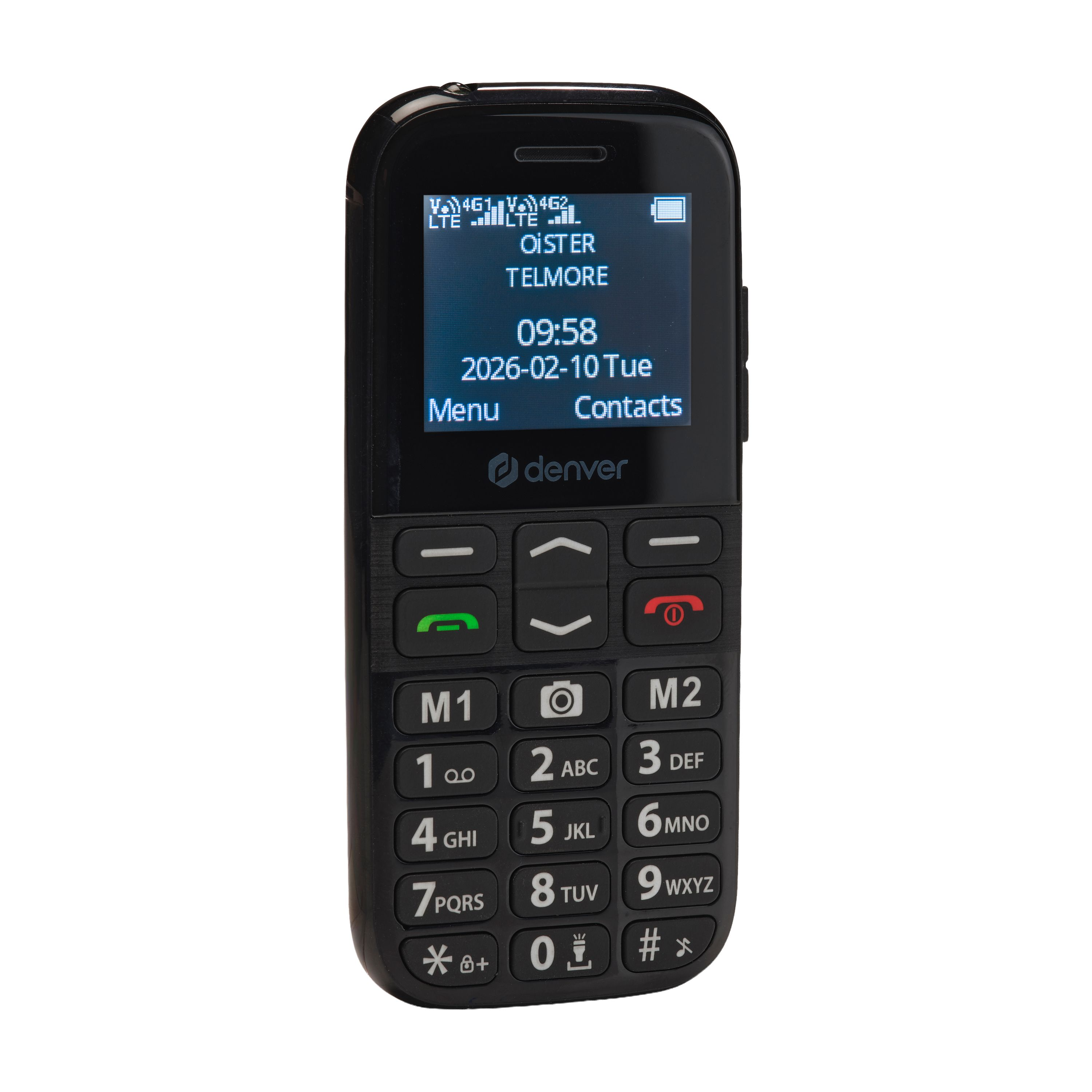 Zwarte Denver feature phone met numeriek toetsenbord, scherm toont tijd en datum.