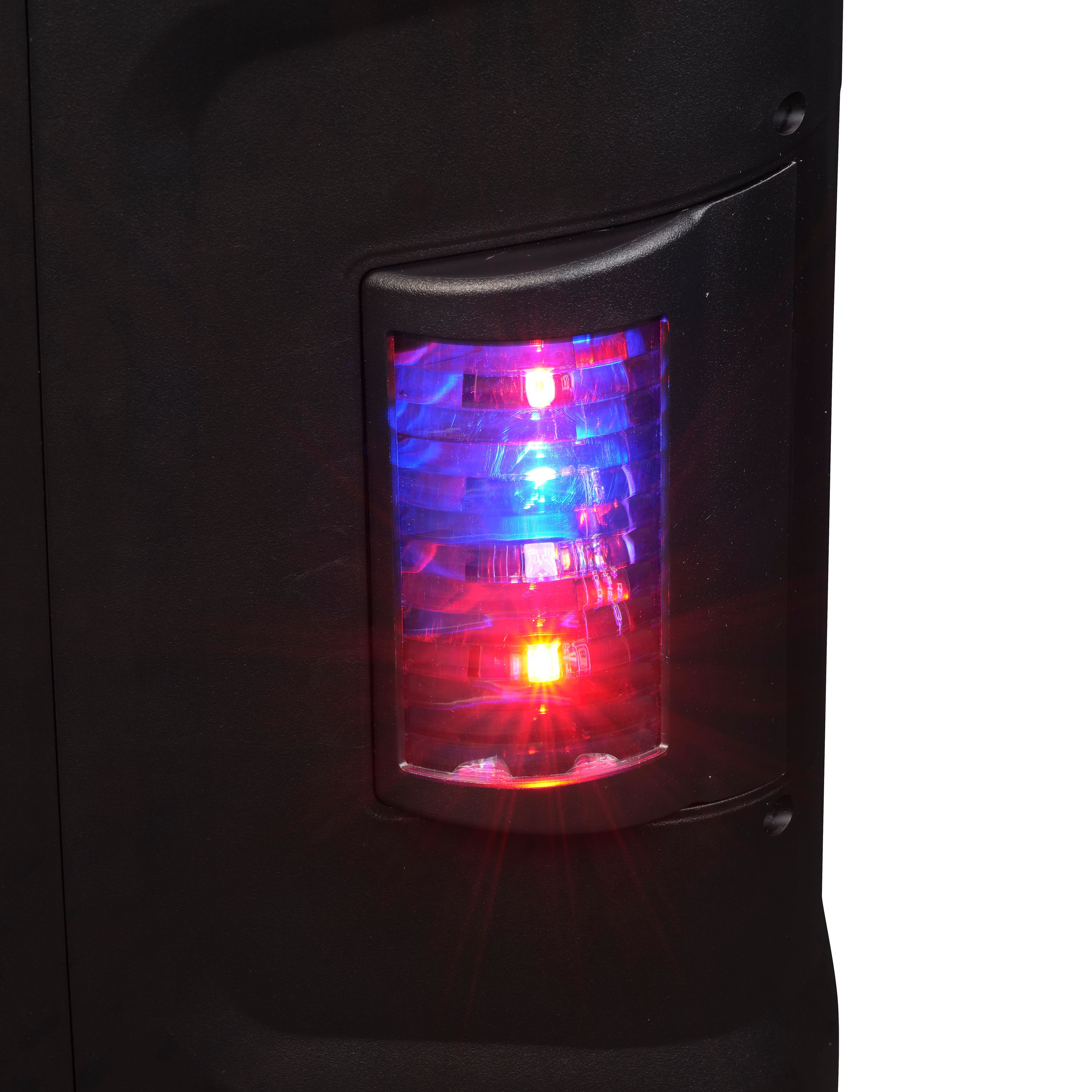 Een zwarte behuizing met een verlicht rode en blauwe lichtmodule.