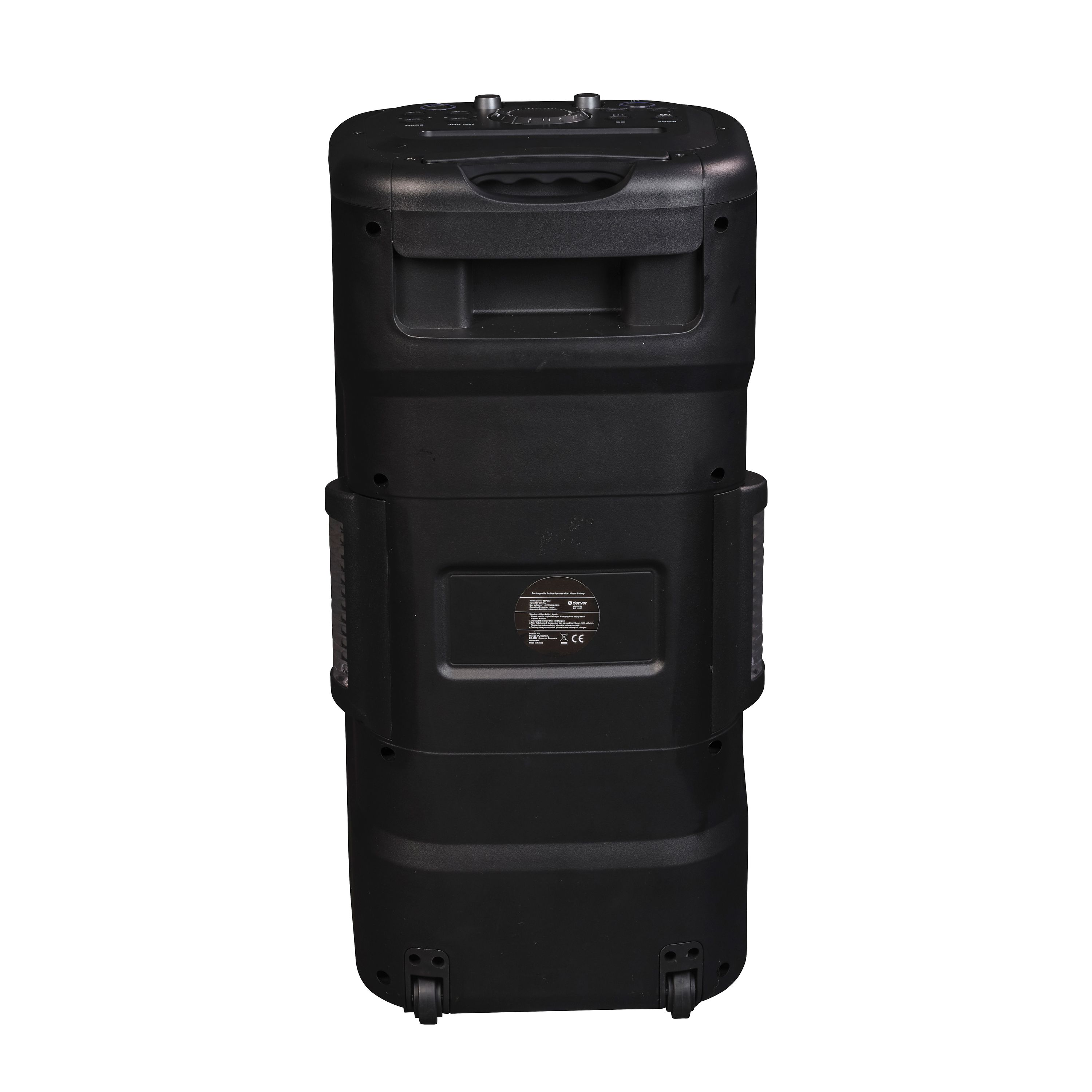 Zwarte draagbare trolley speaker met wielen, handvat en bedieningselementen.