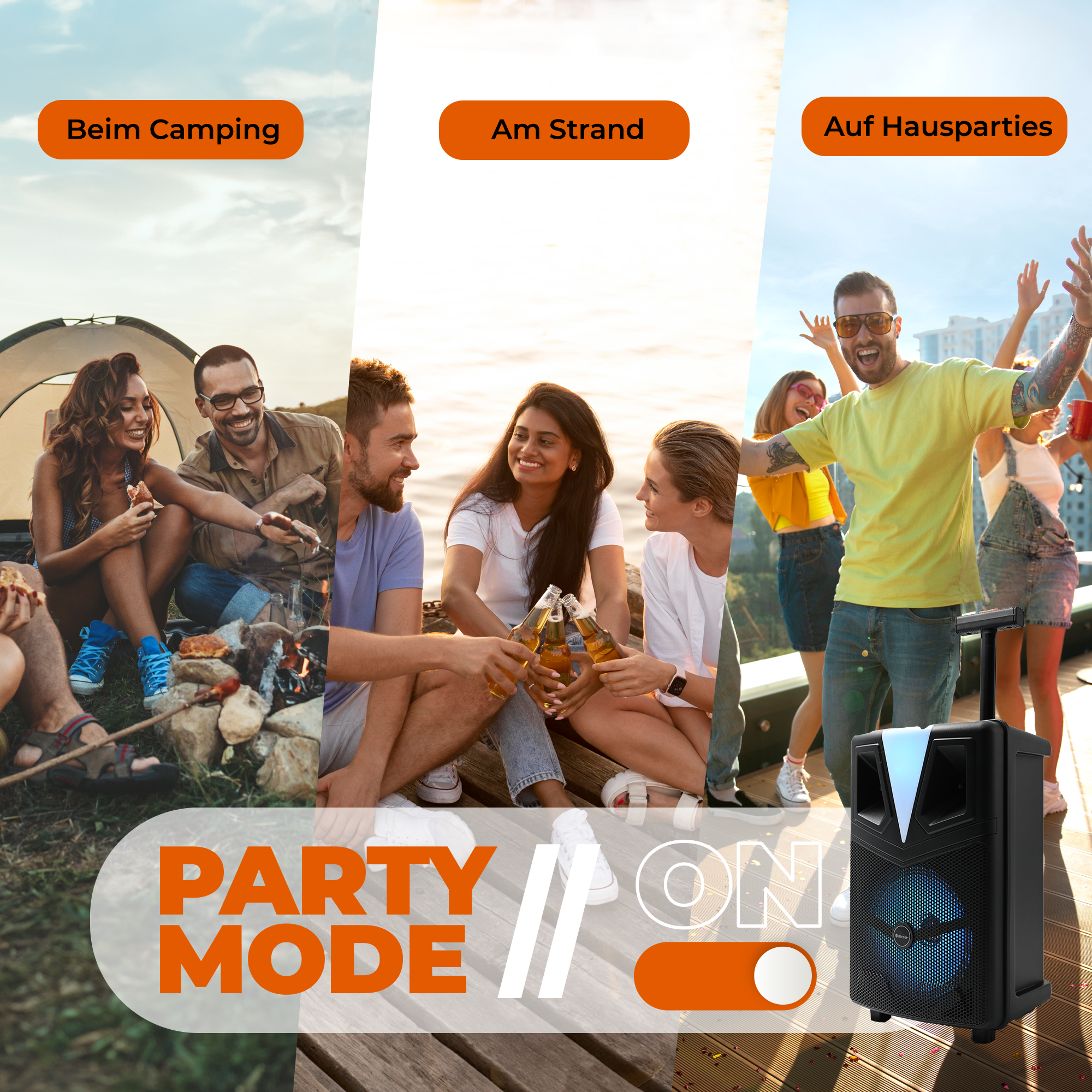 Collage zeigt Partyszenen: Camping, Strand, Hausparty mit Musikbox.