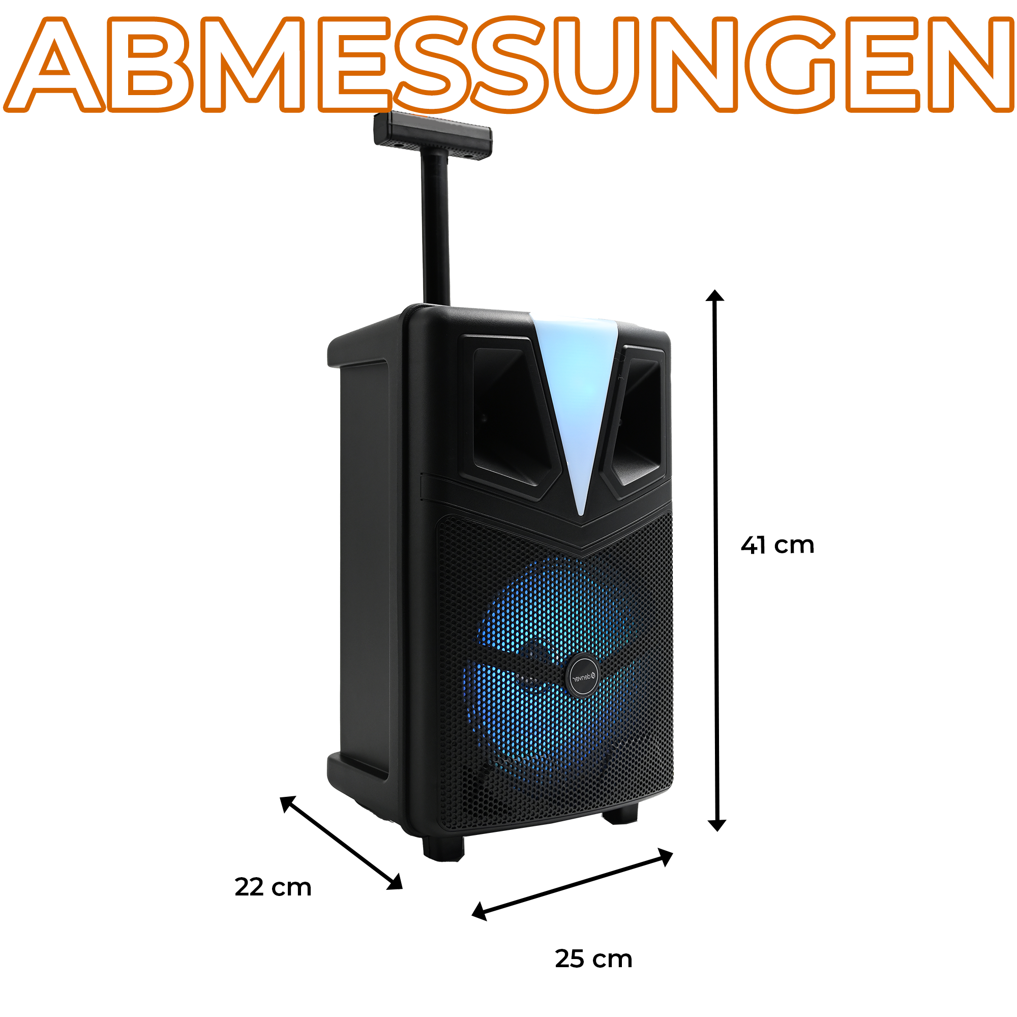 Schwarzer Lautsprecher mit Rollen, Maße 22x25x41 cm, blaue Lichter.