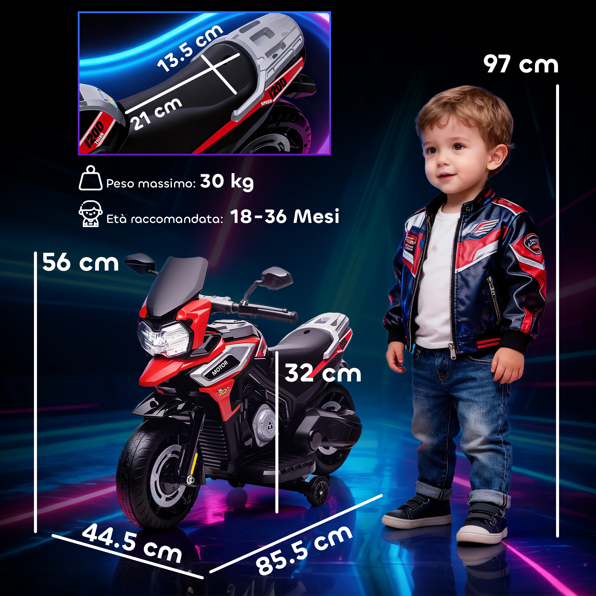 Un bambino accanto a una moto giocattolo rossa con dimensioni. Max. 30 kg.
