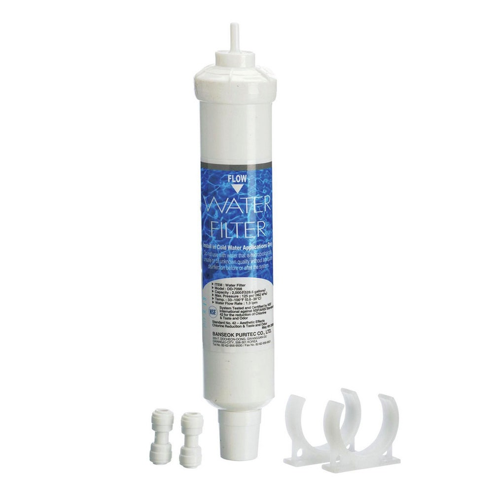 Ein weißer Wasserfilter von Banseok Puritec mit Anschlüssen und Clips.