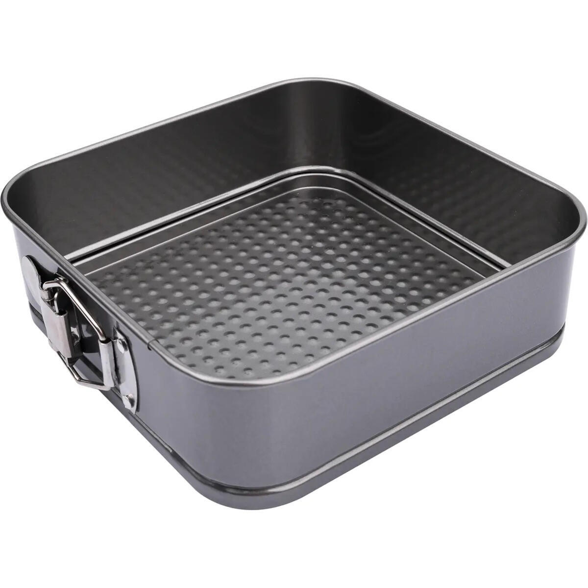 A square cake pan with a removable bottom and ridged sides.